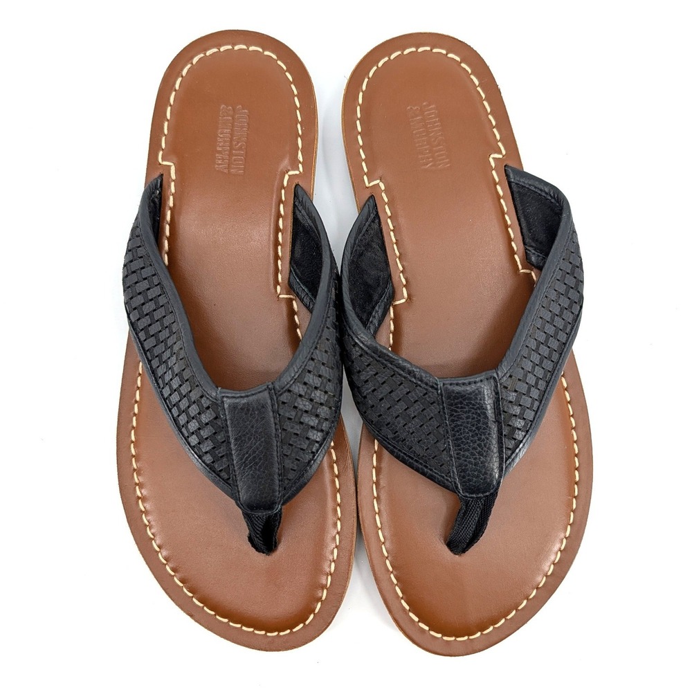 NWOT Johnston & Murphy Woven Leather Flip Flop Sandals Black Tan Mens 11M